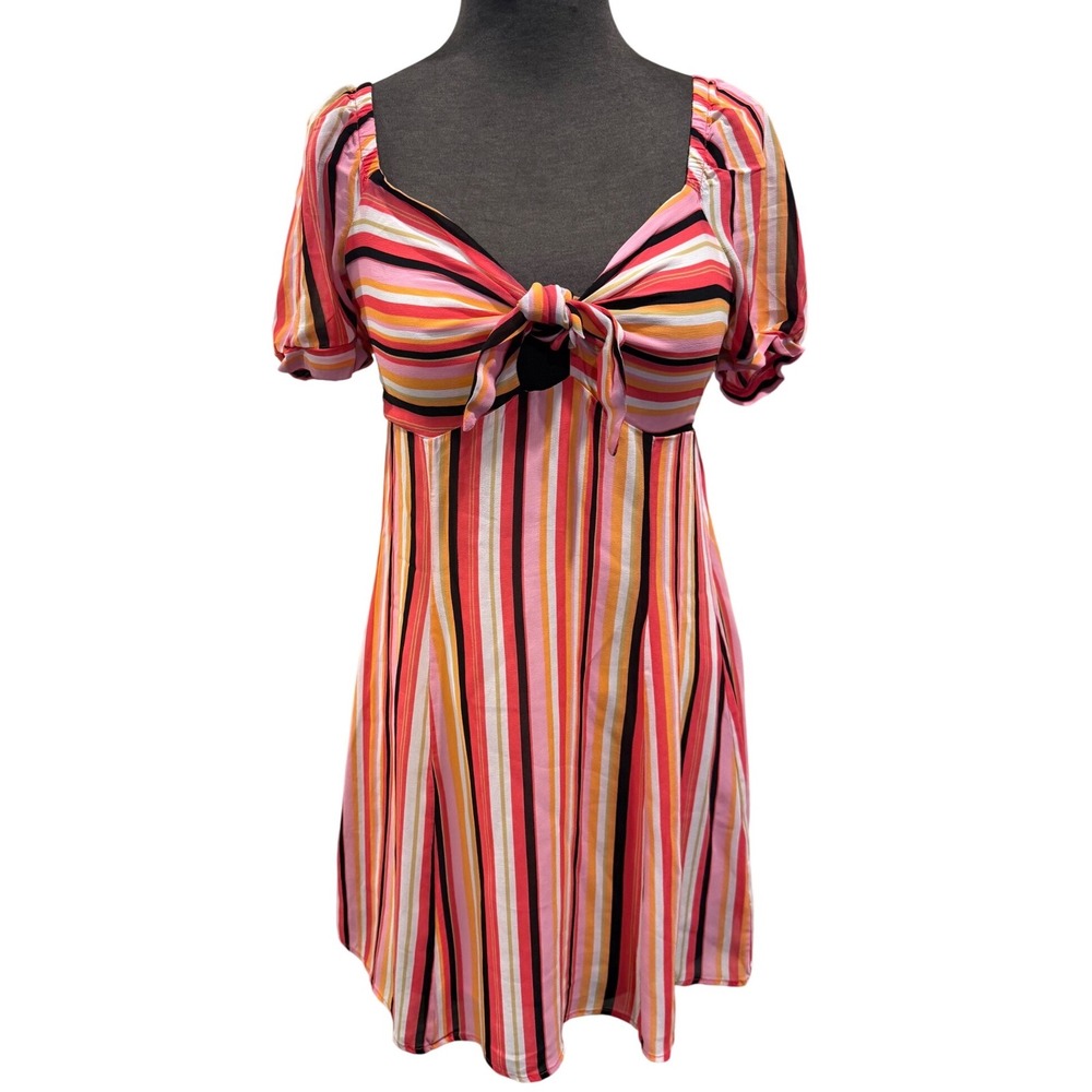 Free People Striped Tie Front Puff Sleeve Mini Dress Pink Orange XS Fairy whimsy